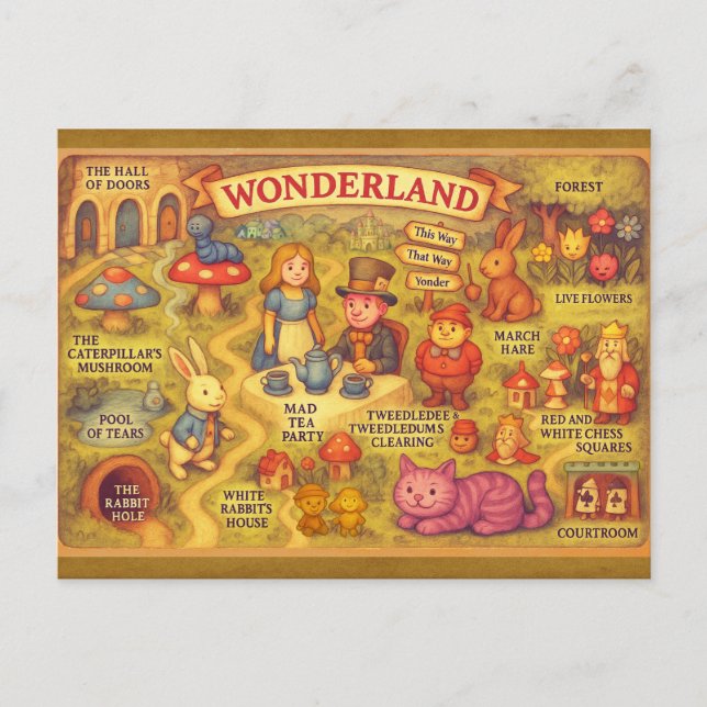 Whimsical Alice in Wonderland Map Postcard (Front)