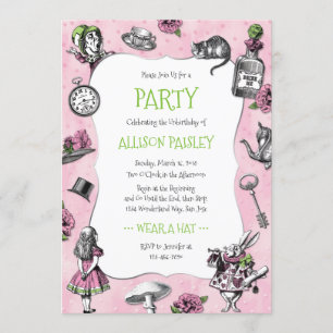 Whimsical Alice in Wonderland Pink and Green Invitation