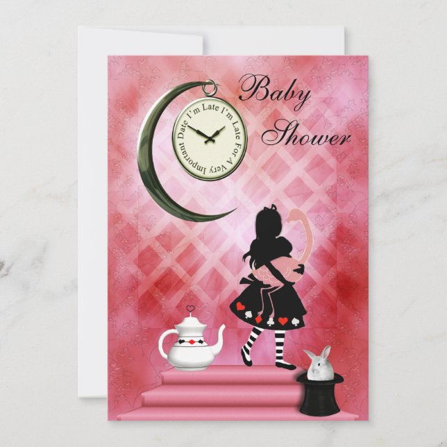 Whimsical Alice & Pink Flamingo Baby Girl Shower Invitation (Front)