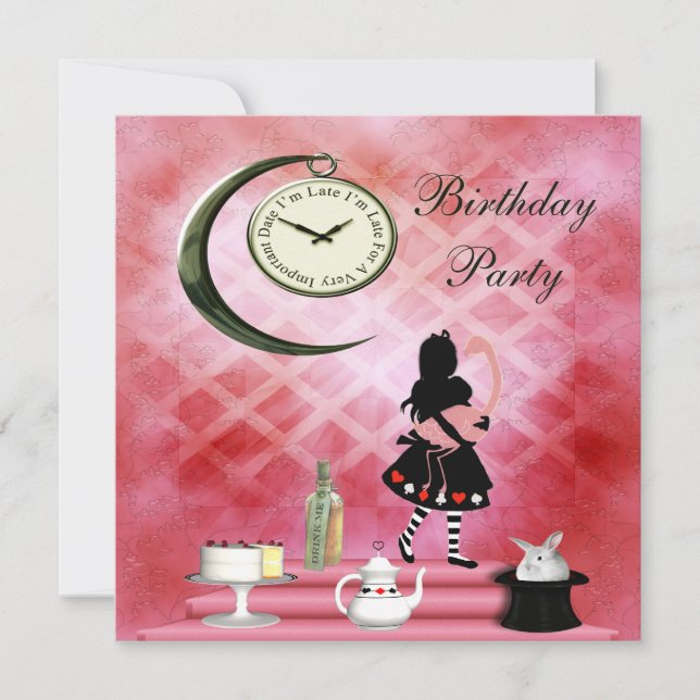 Whimsical Alice & Pink Flamingo Birthday Party Invitation (Front)