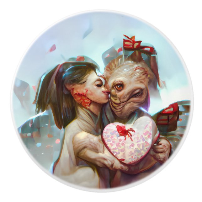 Whimsical Alien Romance Ceramic Knob (Front)