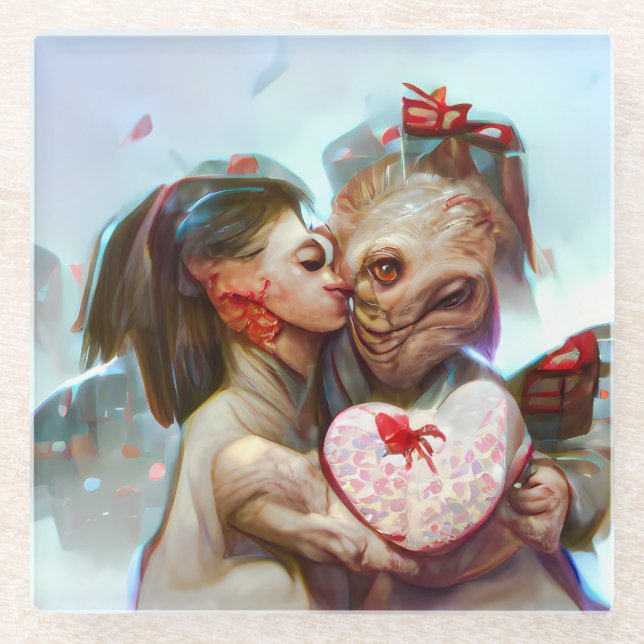 Whimsical Alien Romance Glass Coaster (Front)