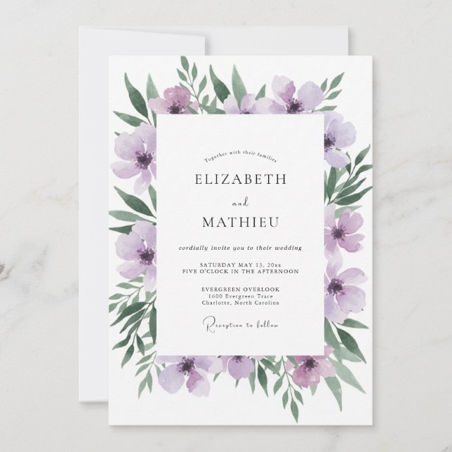 Whimsical Amethyst Wreath Wedding Invitation (Front)