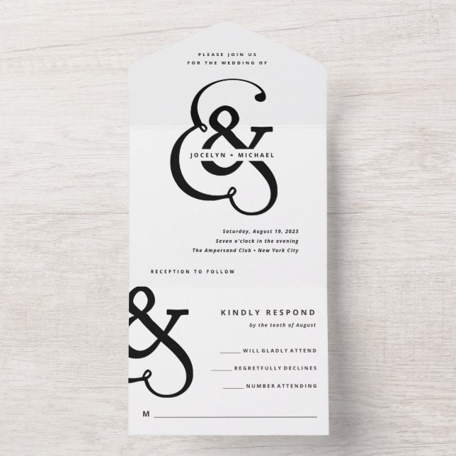 Whimsical Ampersand | Black and White Wedding All In One Invitation (Inside)