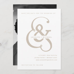 Whimsical Ampersand White and Beige Photo Back Save The Date
