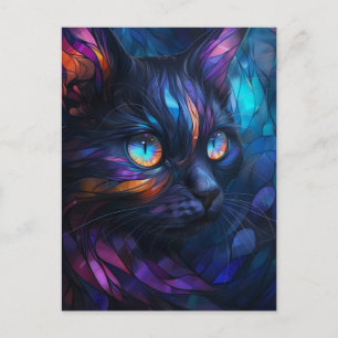 Whimsical and Colourful Stained Glass Cat Postcard