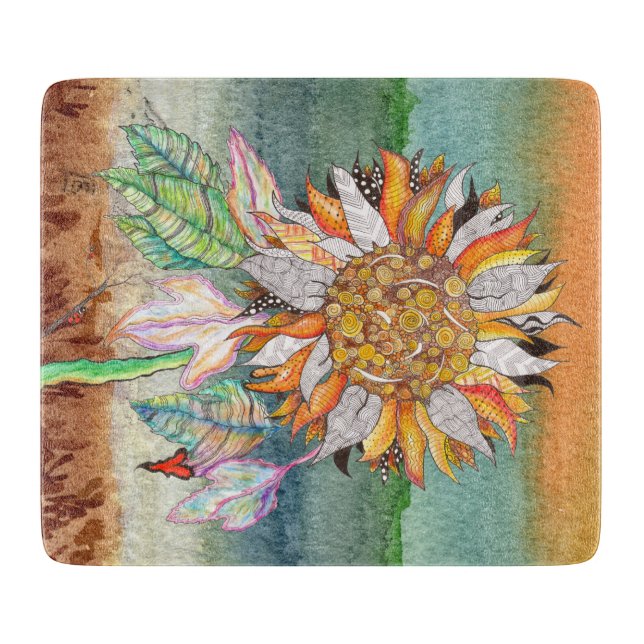 Whimsical and Colourful Sunflower Cutting Board (Front)
