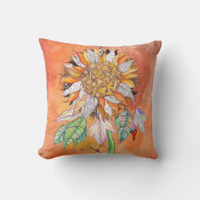 Whimsical and Colourful Sunflower  Throw Pillow (Front)