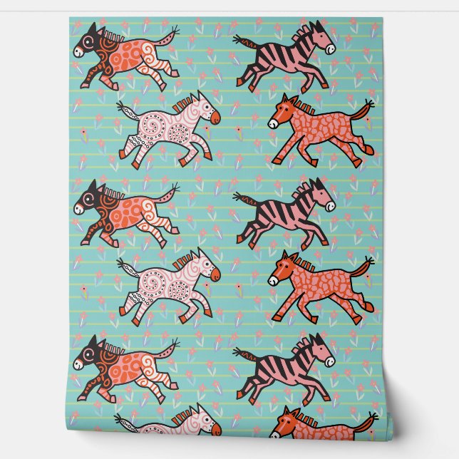 Whimsical and playful stylized zebras wallpaper (Unrolling)