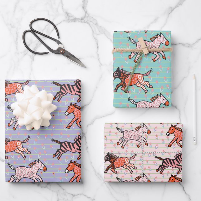 Whimsical and playful stylized zebras wrapping paper sheet (Front)