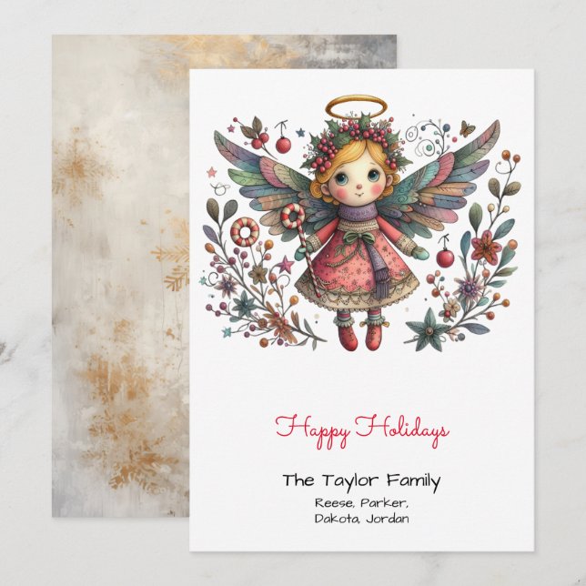 Whimsical Angel Illustration Happy  Holiday Card (Front/Back)
