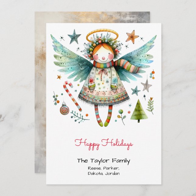Whimsical Angel Illustration Happy Holidays Holiday Card (Front/Back)