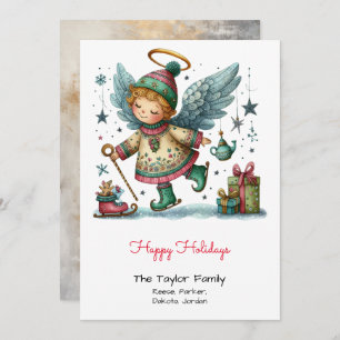 Whimsical Angel on Ice Skates Illustration Happy Holiday Card