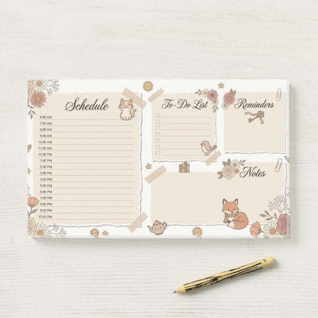 Whimsical Animal & Floral Daily Planner Post-it Notes (On Desk)