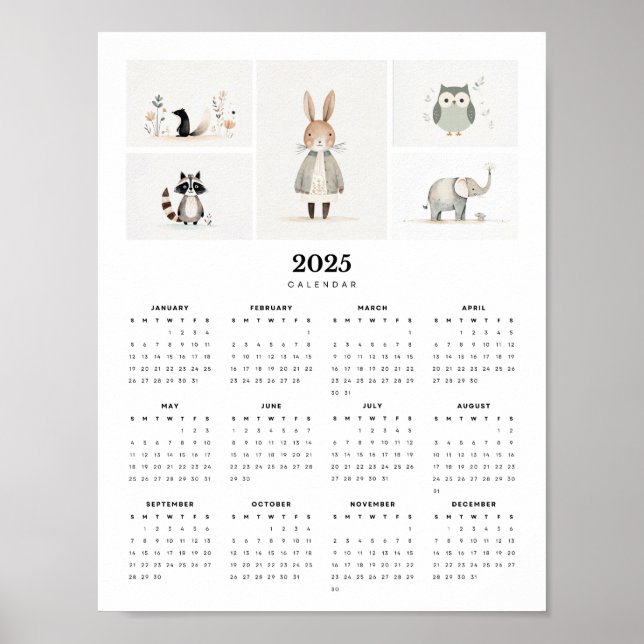 Whimsical Animals Boho Minimal 2025 Wall Calendar Poster (Front)