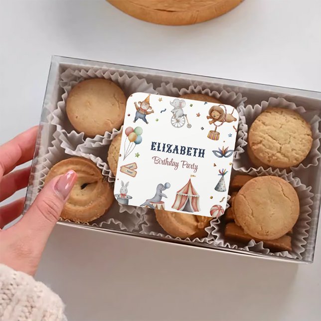 Whimsical Animals Circus Birthday Party Square Sticker (Whimsical Animals Circus Birthday Party Square Sticker)