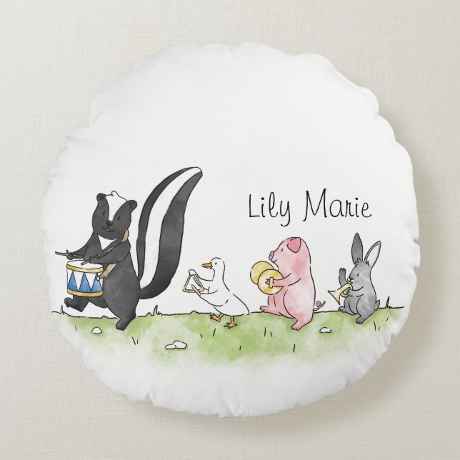 Whimsical Animals Marching Band Personalized  Round Pillow (Front)