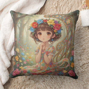 Whimsical Anime Girl Throw Pillow