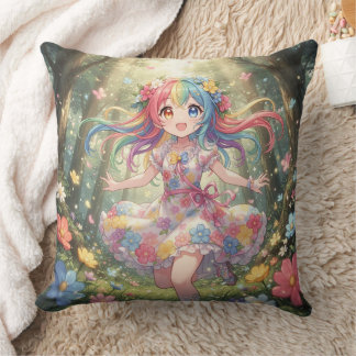 Whimsical Anime Girl Throw Pillow