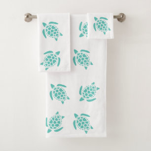 Whimsical Aqua Blue Sea Turtles Nautical Pattern  Bath Towel Set