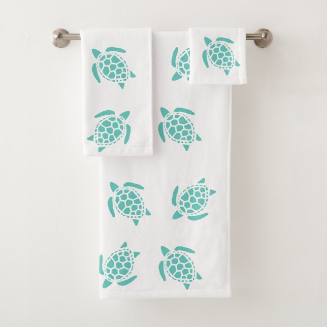 Whimsical Aqua Blue Sea Turtles Nautical Pattern  Bath Towel Set (Insitu)