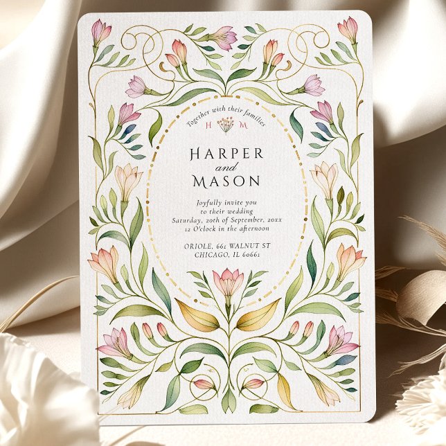 Whimsical Art Nouveau Freesias Gold Wedding Invitation (Creator Uploaded)