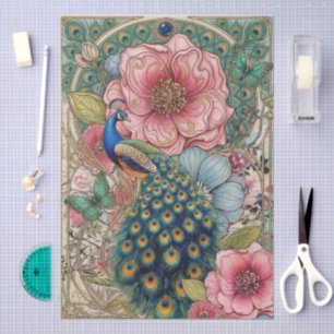 Whimsical Art Nouveau Peacock Enamel Style Florals Tissue Paper