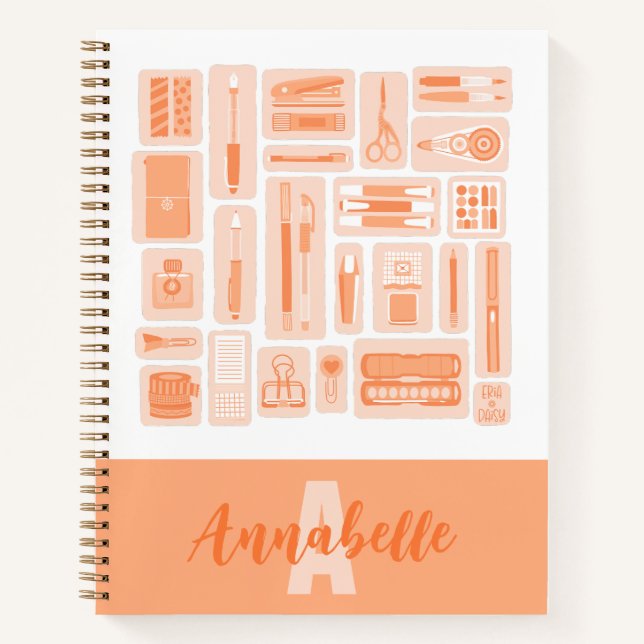 Whimsical Art Supplies Orange Pattern Monogram Notebook (Front)
