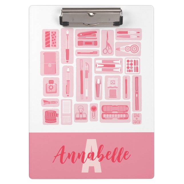 Whimsical Art Supplies Pink Pattern Monogram Clipboard (Front)