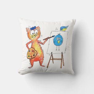 Whimsical Artist Cat Painting a Bird Throw Pillow