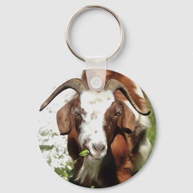 Whimsical Artistic Portrait Of A Goat Grazing Keychain (Front)