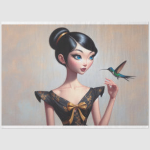Whimsical Asian Girl with Hummingbird Decoupage Tissue Paper