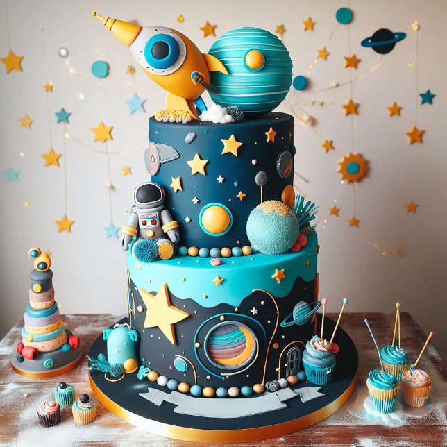 WHIMSICAL ASTRONAUT & SPACE KIDS BIRTHDAY CAKE CARD (Creator Uploaded)
