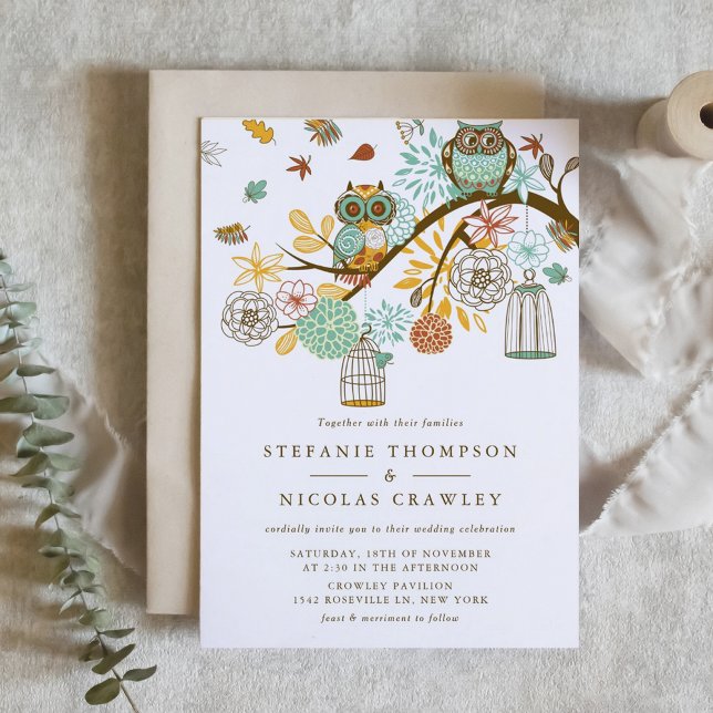 Whimsical Automne Owls Engagement Party Invitation (Ornate Owls and Autumn Flowers Wedding Invitation)
