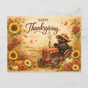 Whimsical Autumn Crow Tractor Thanksgiving Holiday Postcard