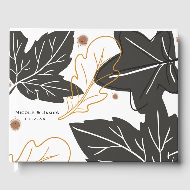 Whimsical Autumn Fall Leaves & Acorns Wedding Guest Book (Front)