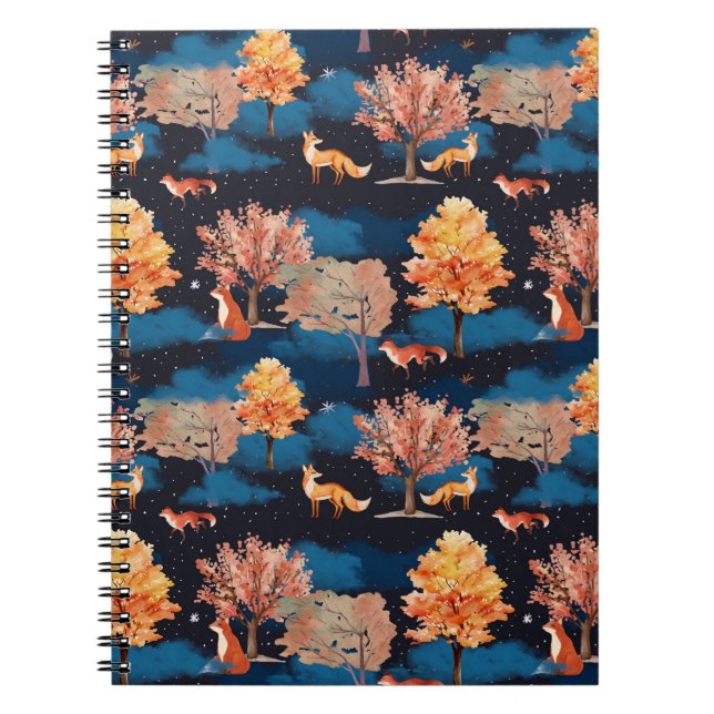 Whimsical Autumn Fox Night Forest Seamless Pattern Notebook (Front)