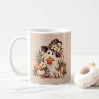 Whimsical Autumn Ghost with Pumpkins and Flowers Coffee Mug