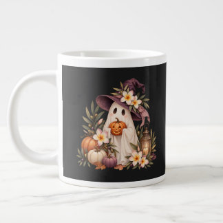 Whimsical Autumn Ghost with Pumpkins and Flowers Large Coffee Mug