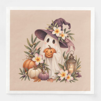 Whimsical Autumn Ghost with Pumpkins and Flowers Napkin