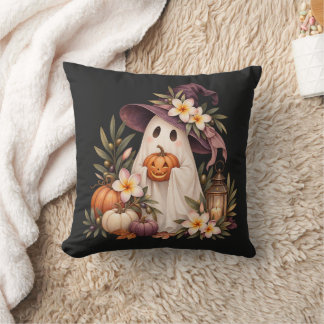 Whimsical Autumn Ghost with Pumpkins and Flowers Throw Pillow