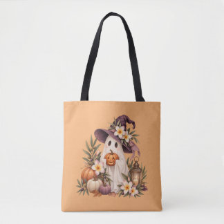 Whimsical Autumn Ghost with Pumpkins and Flowers Tote Bag