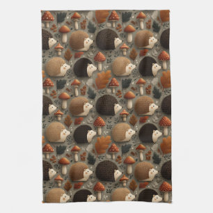 Whimsical Autumn Hedgehog & Mushroom Pattern Kitchen Towel