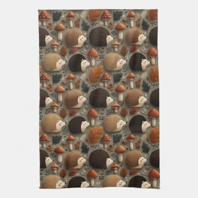 Whimsical Autumn Hedgehog & Mushroom Pattern Kitchen Towel (Vertical)