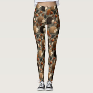 Whimsical Autumn Hedgehog & Mushroom Pattern Leggings
