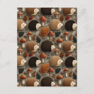 Whimsical Autumn Hedgehog & Mushroom Pattern Postcard