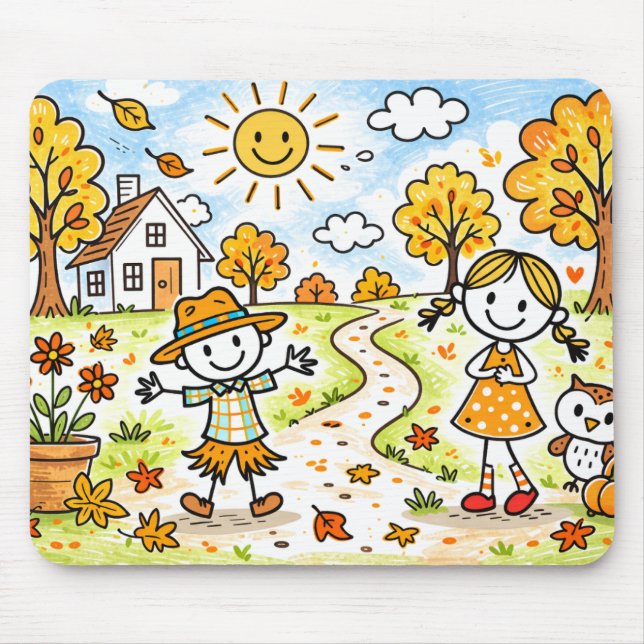 Whimsical Autumn Kids and Owl Mouse Pad (Front)