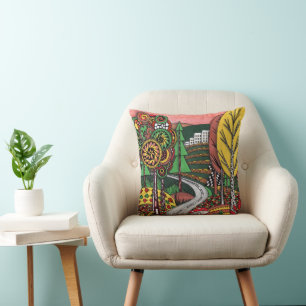 Whimsical Autumn Landscape Folk Art Doodling Throw Pillow