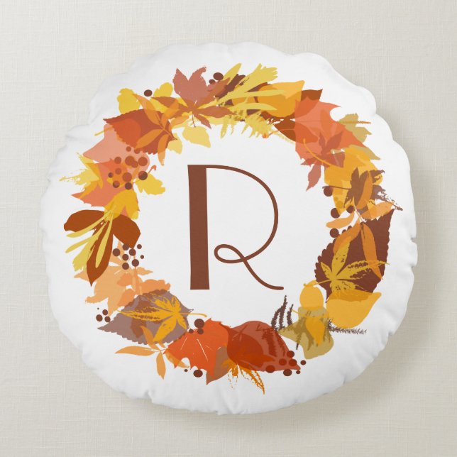 Whimsical Autumn Leaves Wreath Monogram Pillow (Front)