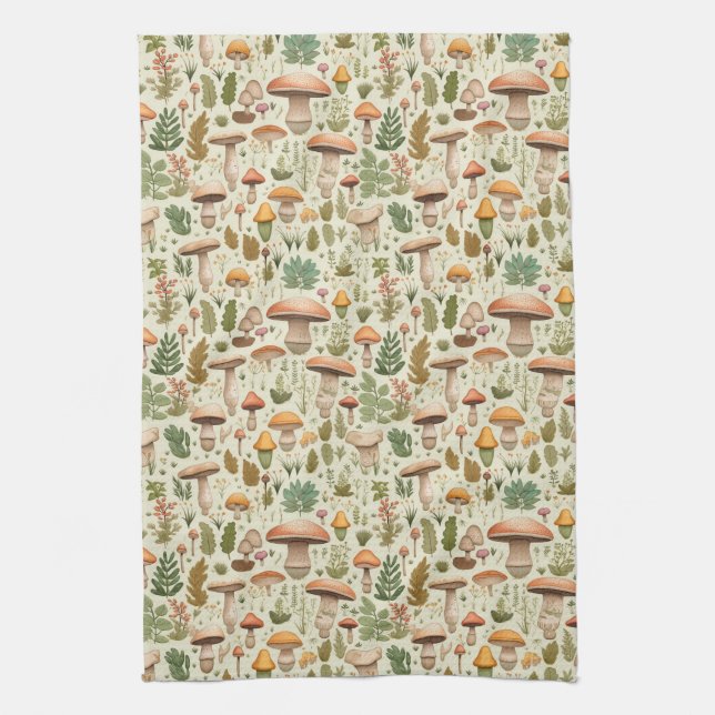 Whimsical Autumn Mushroom Forest Seamless Pattern Kitchen Towel (Vertical)